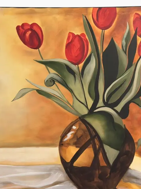 Red Tulips — Stylized Floral Canvas, Unframed - detail