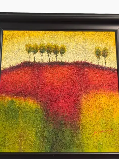Scarlet Hill Landscape - Signed Textured Oil on Canvas, Framed - detail