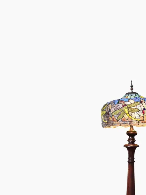 Tiffany-Style Dragonfly Floor Lamp with Turned Wood Column - detail
