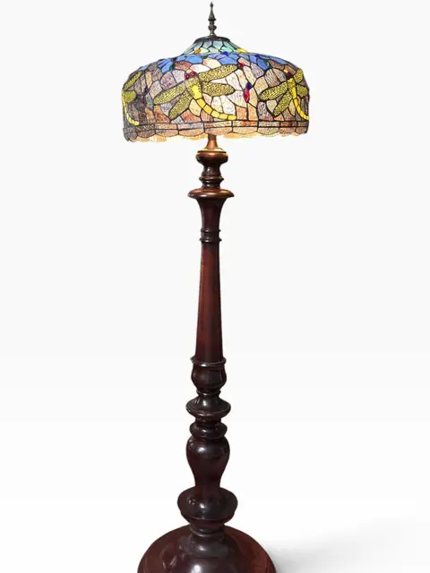 Tiffany-Style Dragonfly Floor Lamp with Turned Wood Column - detail