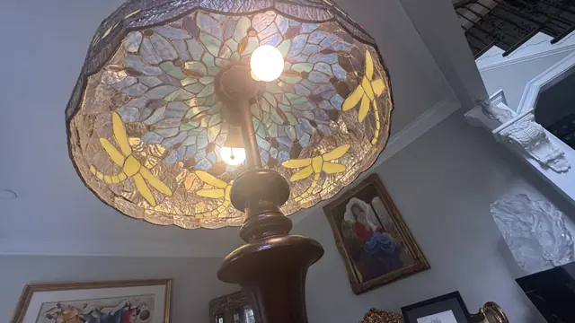 Tiffany-Style Dragonfly Floor Lamp with Turned Wood Column - detail