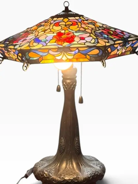 Tiffany-Style Floral Mission Table Lamp with Square Stained Glass Shade - detail