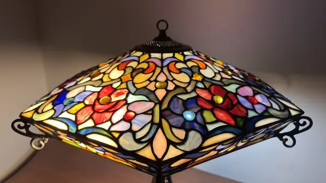 Tiffany-Style Floral Mission Table Lamp with Square Stained Glass Shade - detail