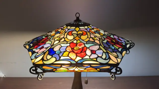 Tiffany-Style Floral Mission Table Lamp with Square Stained Glass Shade - detail