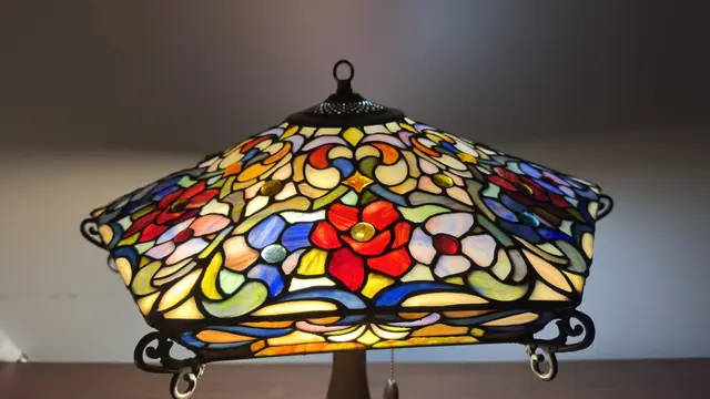 Tiffany-Style Floral Mission Table Lamp with Square Stained Glass Shade - detail