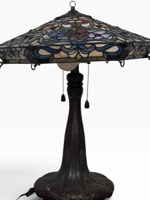 Tiffany-Style Floral Mission Table Lamp with Square Stained Glass Shade - detail