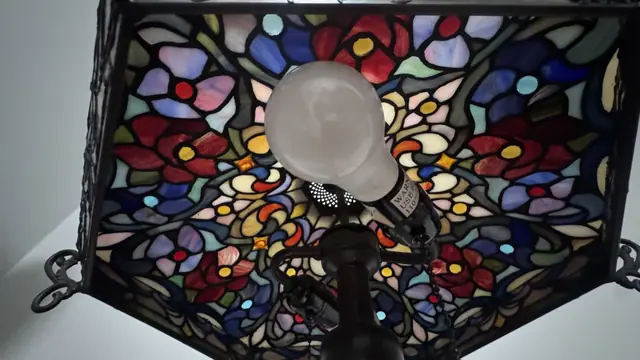 Tiffany-Style Floral Mission Table Lamp with Square Stained Glass Shade - detail