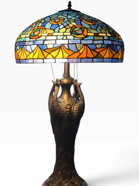 Tiffany-Style Peacock Stained-Glass Table Lamp - detail