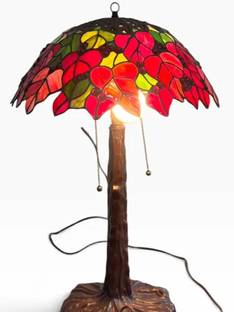 Tiffany-Style Stained-Glass Table Lamp with Crimson Floral Shade - detail