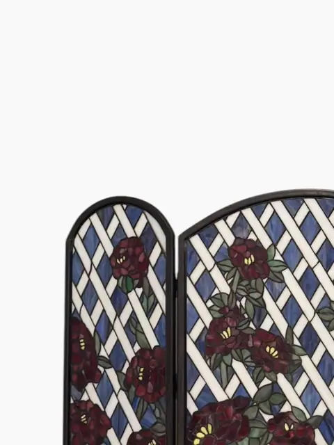 Tiffany-Style Stained Glass Three-Panel Fireplace Screen with Red Roses - detail