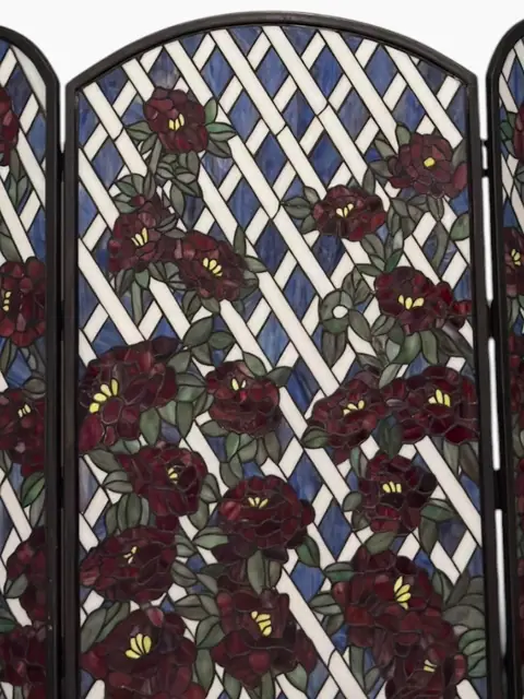 Tiffany-Style Stained Glass Three-Panel Fireplace Screen with Red Roses - detail