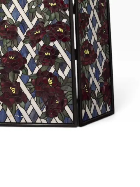 Tiffany-Style Stained Glass Three-Panel Fireplace Screen with Red Roses - detail