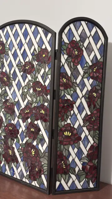 Tiffany-Style Stained Glass Three-Panel Fireplace Screen with Red Roses - detail