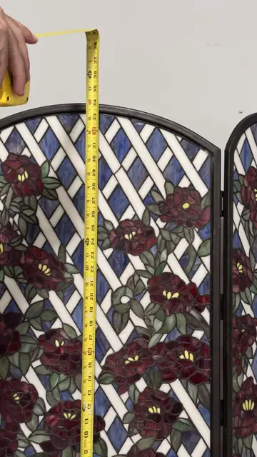 Tiffany-Style Stained Glass Three-Panel Fireplace Screen with Red Roses - detail