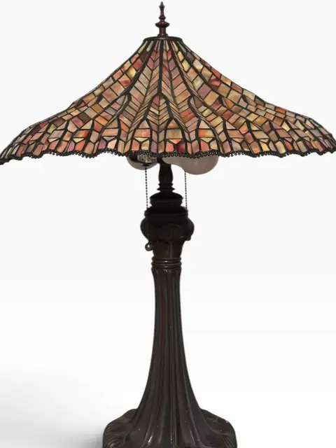 Tiffany-Style Umbrella Table Lamp with Peach Mosaic Shade - detail