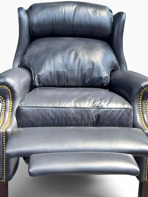 Traditional Leather Wingback Recliner Chair with Brass Nailhead Trim - detail