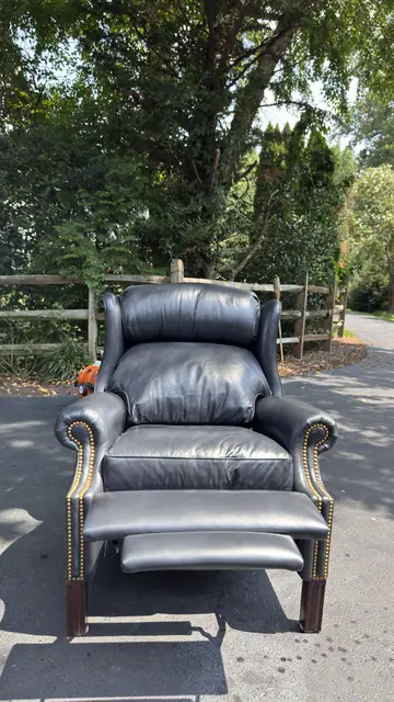 Traditional Leather Wingback Recliner Chair with Brass Nailhead Trim - detail