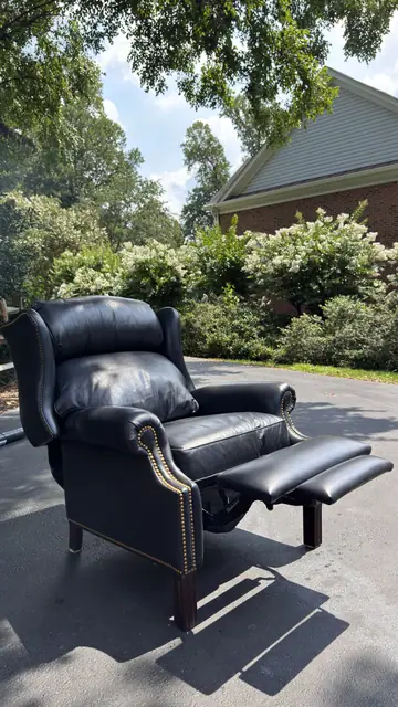 Traditional Leather Wingback Recliner Chair with Brass Nailhead Trim - detail