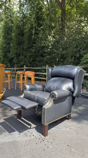 Traditional Leather Wingback Recliner Chair with Brass Nailhead Trim - detail