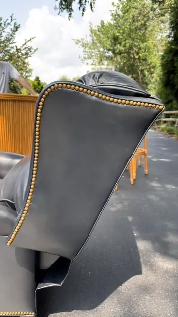 Traditional Leather Wingback Recliner Chair with Brass Nailhead Trim - detail