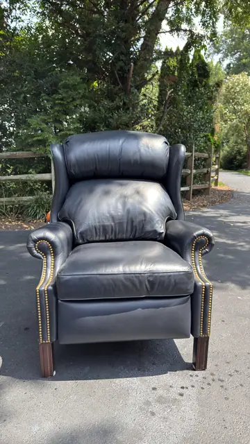 Traditional Leather Wingback Recliner Chair with Brass Nailhead Trim - detail