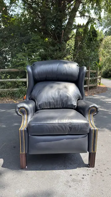 Traditional Leather Wingback Recliner Chair with Brass Nailhead Trim - detail