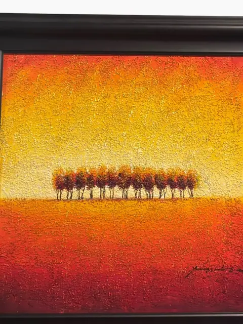 Treeline at Dusk — Signed Textured Oil on Canvas, Framed - detail