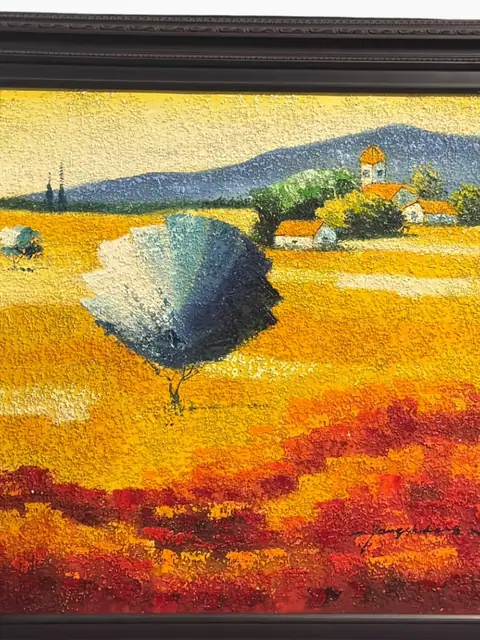 Tuscan Fields with Blue Tree - Signed Oil on Canvas, Framed - detail
