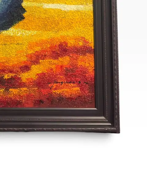 Tuscan Fields with Blue Tree - Signed Oil on Canvas, Framed - detail