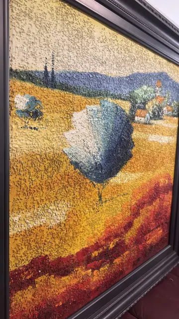 Tuscan Fields with Blue Tree - Signed Oil on Canvas, Framed - detail