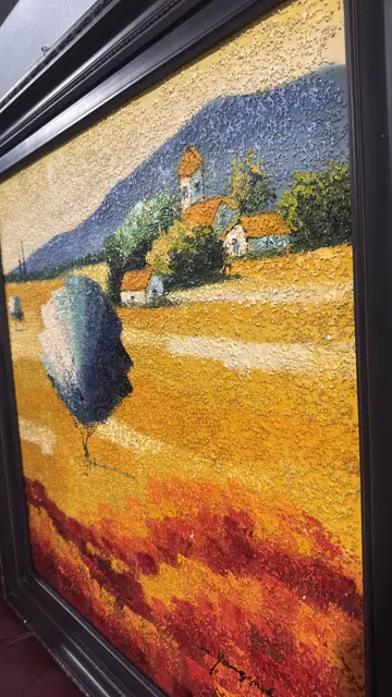 Tuscan Fields with Blue Tree - Signed Oil on Canvas, Framed - detail