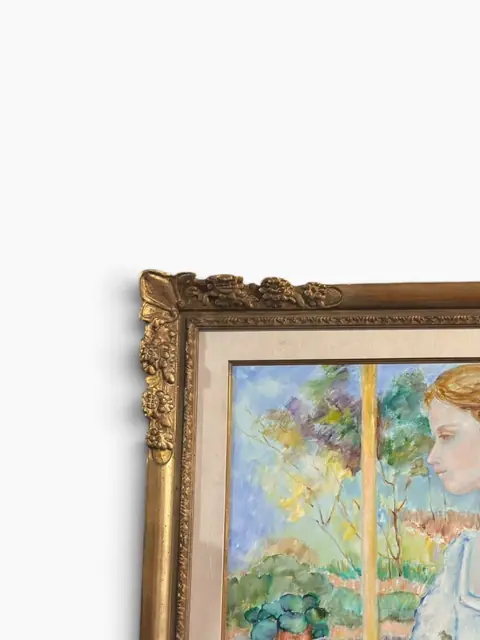 Woman at the Window — Signed Oil on Canvas, Gilt Frame - detail