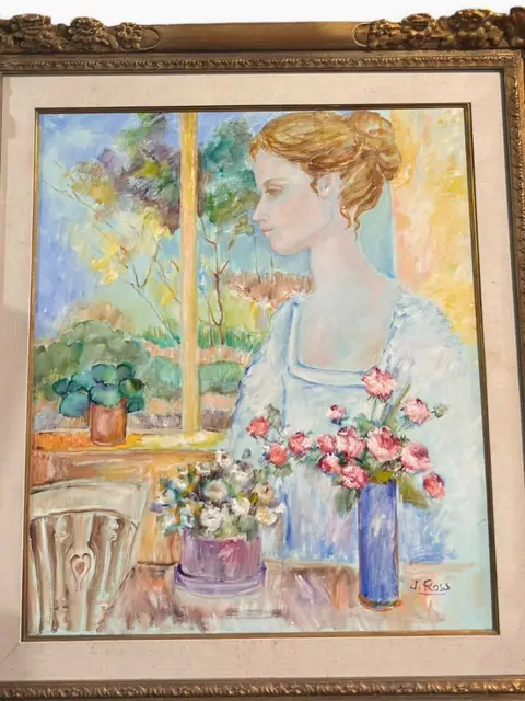 Woman at the Window — Signed Oil on Canvas, Gilt Frame - detail