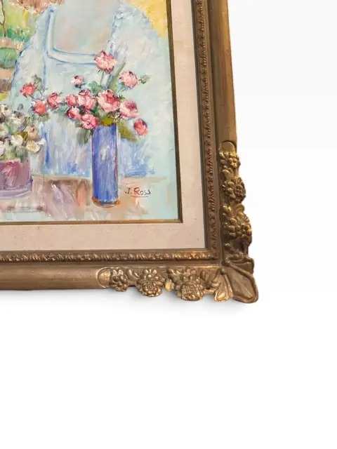 Woman at the Window — Signed Oil on Canvas, Gilt Frame - detail