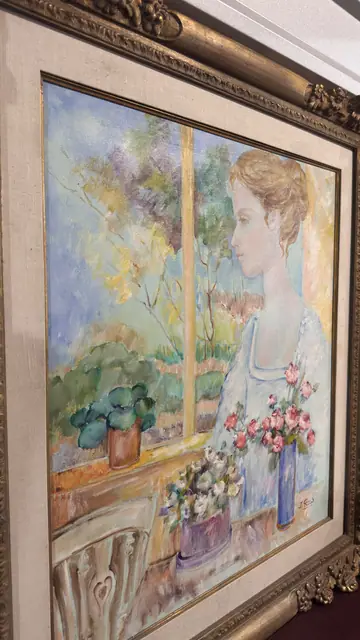 Woman at the Window — Signed Oil on Canvas, Gilt Frame - detail