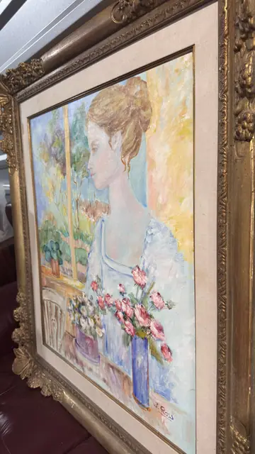 Woman at the Window — Signed Oil on Canvas, Gilt Frame - detail